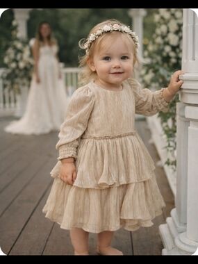 4/$15 Gold Tiered Long-Sleeve Toddler Dress Boho Wedding Summer Garden Party 18m